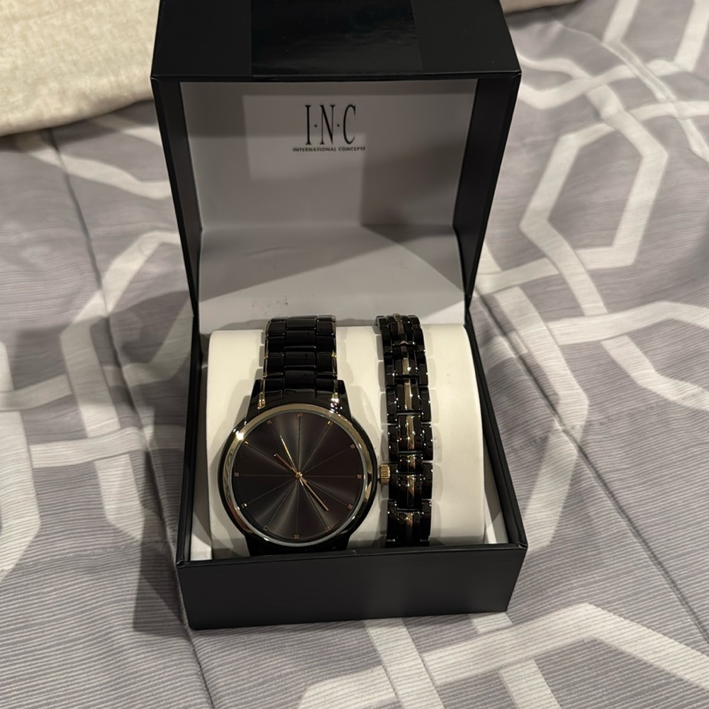 NWT INC Watch and Bracelet Set Black and Gold Toned